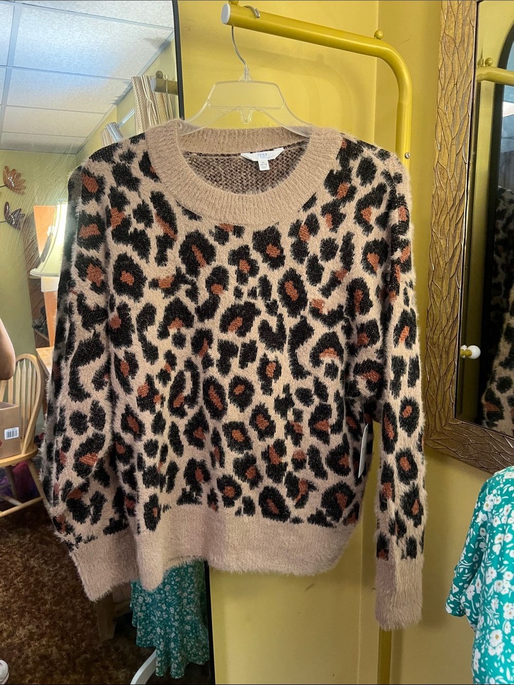 Time and Tru Leopard Print Crewneck Sweater - Tan/Black/Rust